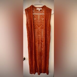 Chelsea & Theodore Open-Knit Cardigan in Warm Orange